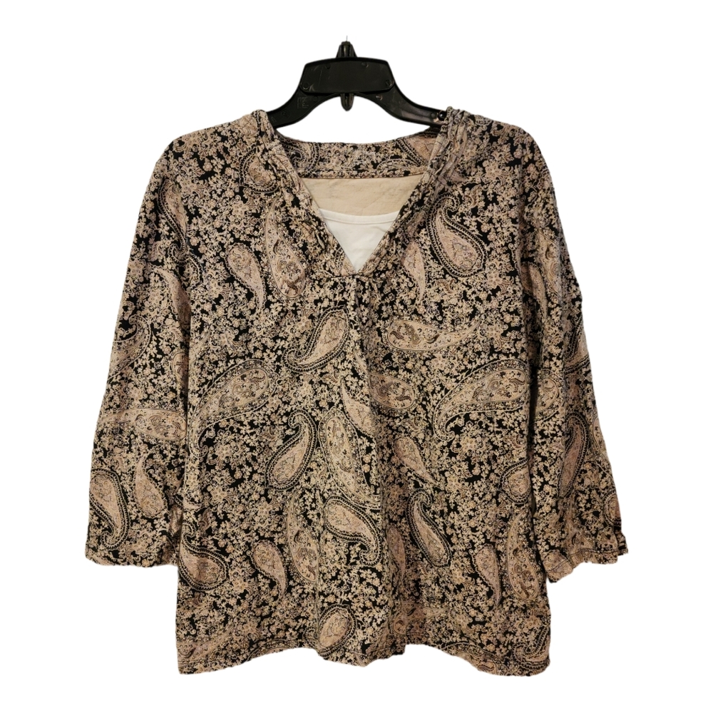 Croft & Barrow Women's XL Faux Layered Top Black and White Paisley 3/4 Sleeve